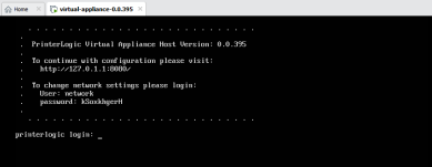 Web console view of the IP address to continue setup, and the network settings login credentials for the VM. 